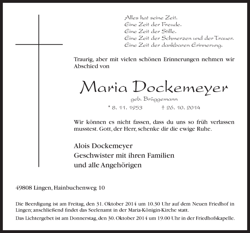  Traueranzeige für Maria Dockemeyer vom 29.10.2014 aus Neue Osnabrücker Zeitung GmbH & Co. KG