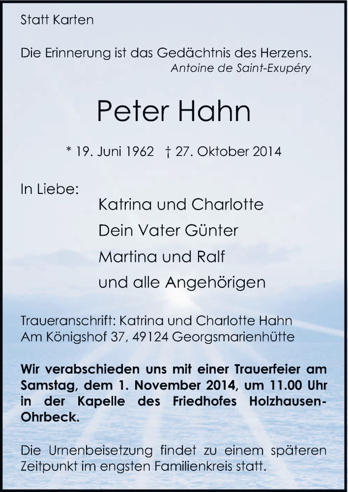  Traueranzeige für Peter Hahn vom 30.10.2014 aus Neue Osnabrücker Zeitung GmbH & Co. KG
