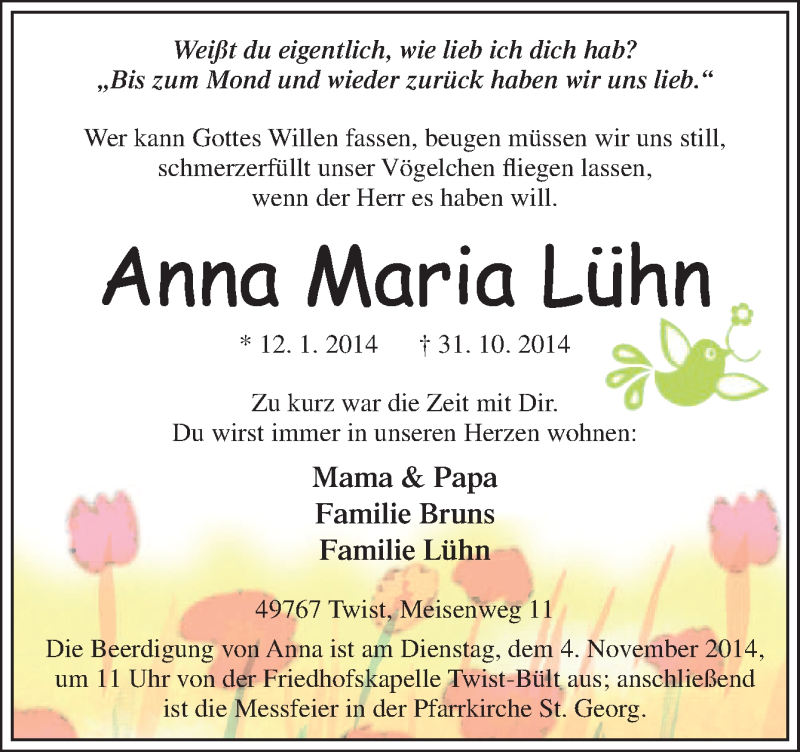  Traueranzeige für Anna Maria Lühn vom 03.11.2014 aus Neue Osnabrücker Zeitung GmbH & Co. KG
