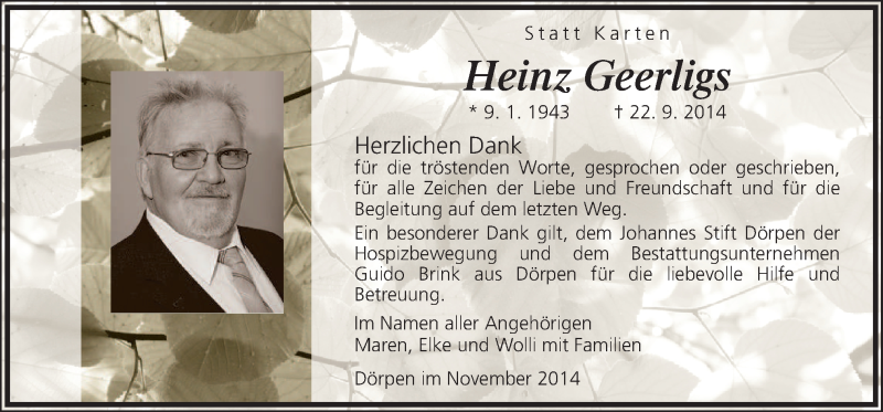  Traueranzeige für Heinz Geerligs vom 15.11.2014 aus Neue Osnabrücker Zeitung GmbH & Co. KG