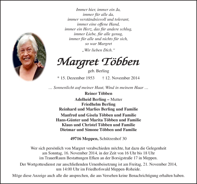  Traueranzeige für Margret Többen vom 15.11.2014 aus Neue Osnabrücker Zeitung GmbH & Co. KG