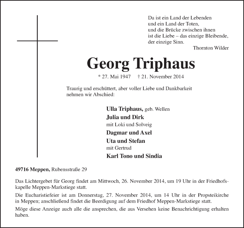  Traueranzeige für Georg Triphaus vom 24.11.2014 aus Neue Osnabrücker Zeitung GmbH & Co. KG