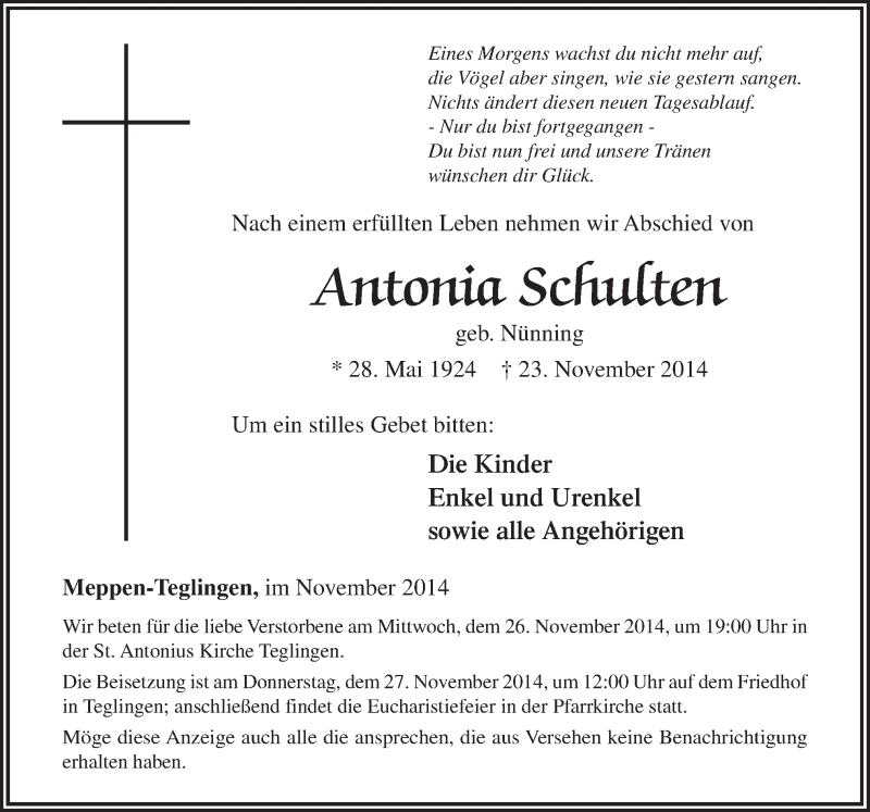  Traueranzeige für Antonia Schulten vom 25.11.2014 aus Neue Osnabrücker Zeitung GmbH & Co. KG