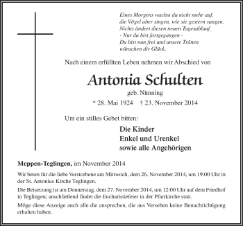 Traueranzeigen Von Antonia Schulten Noz Trauerportal