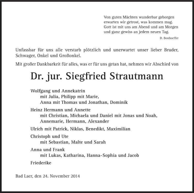  Traueranzeige für Siegfried Strautmann vom 25.11.2014 aus Neue Osnabrücker Zeitung GmbH & Co. KG
