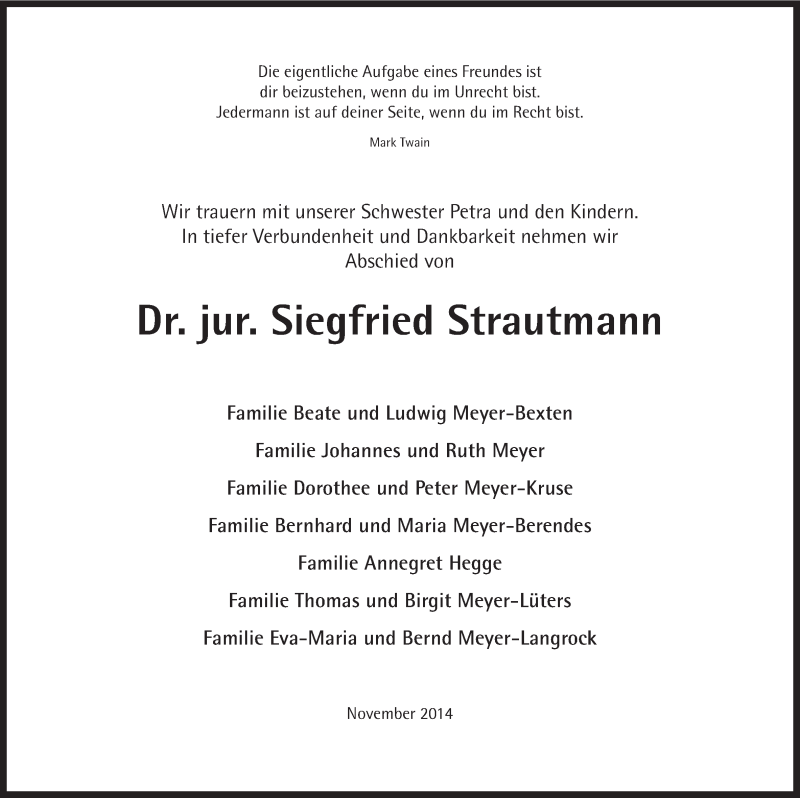  Traueranzeige für Siegfried Strautmann vom 25.11.2014 aus Neue Osnabrücker Zeitung GmbH & Co. KG