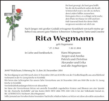 Traueranzeigen Von Rita Wegmann Noz Trauerportal