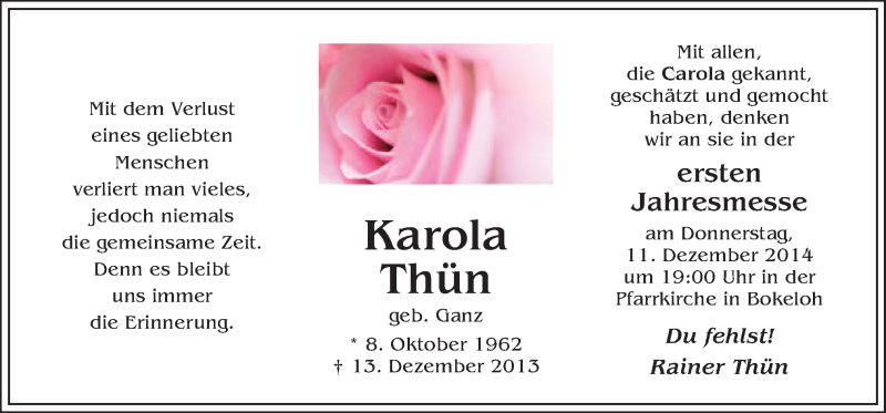  Traueranzeige für Karola Thün vom 06.12.2014 aus Neue Osnabrücker Zeitung GmbH & Co. KG