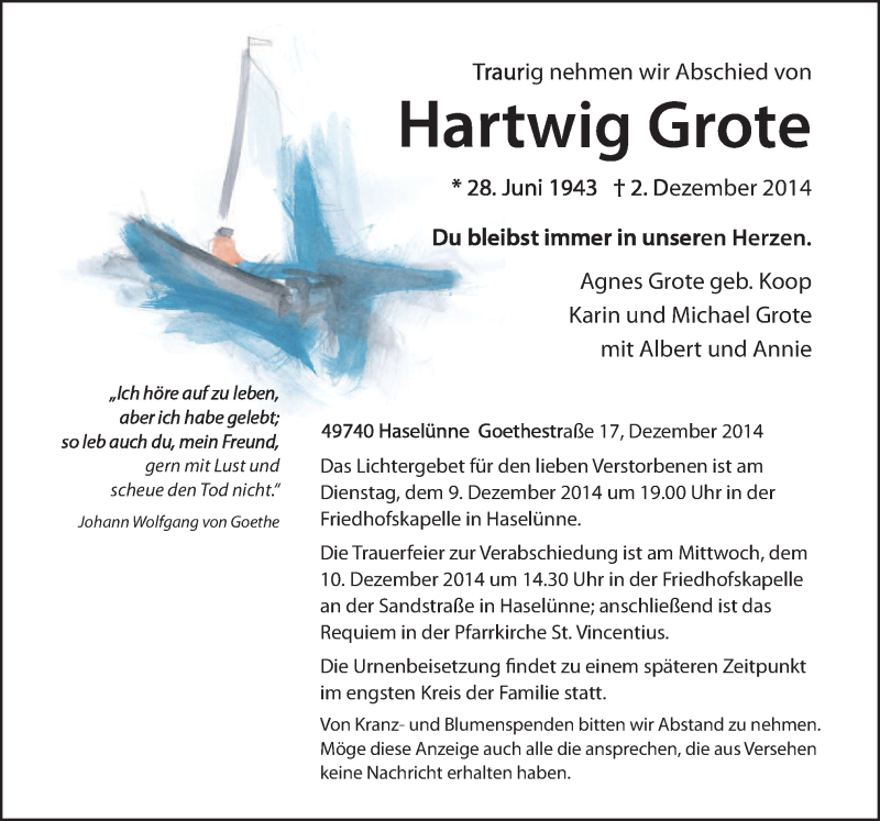  Traueranzeige für Hartwig Grote vom 08.12.2014 aus Neue Osnabrücker Zeitung GmbH & Co. KG