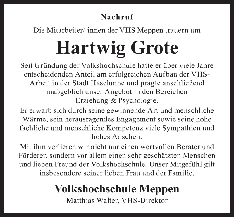  Traueranzeige für Hartwig Grote vom 09.12.2014 aus Neue Osnabrücker Zeitung GmbH & Co. KG