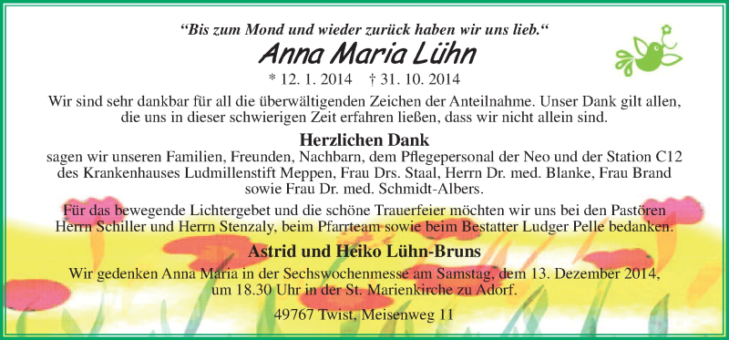  Traueranzeige für Anna Maria Lühn vom 10.12.2014 aus Neue Osnabrücker Zeitung GmbH & Co. KG