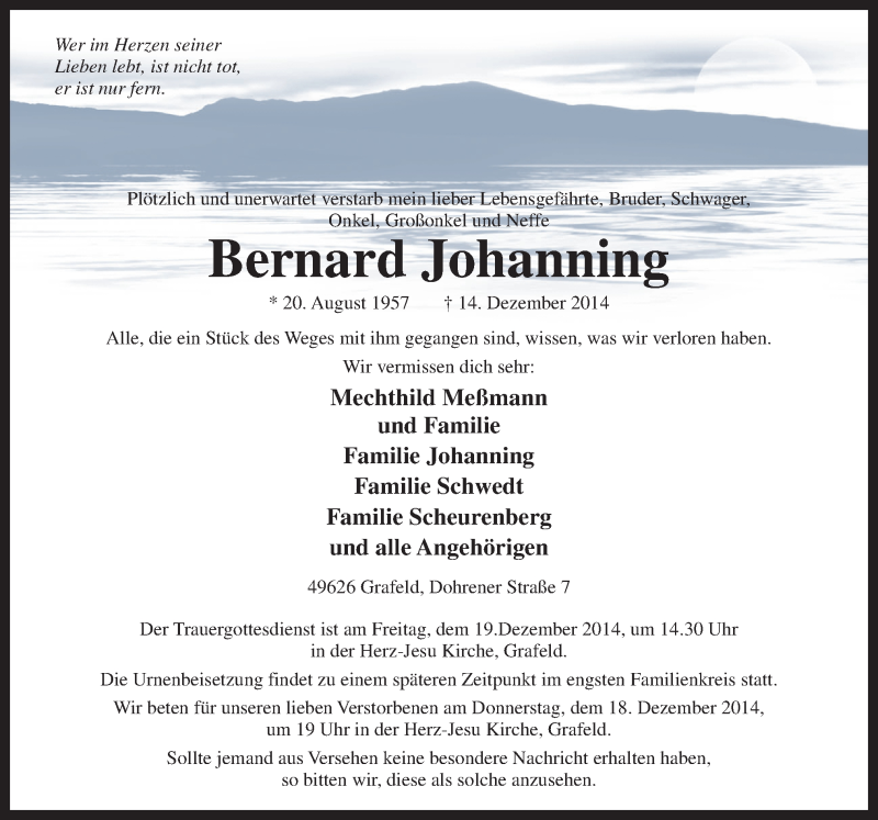  Traueranzeige für Bernard Johanning vom 17.12.2014 aus Neue Osnabrücker Zeitung GmbH & Co. KG