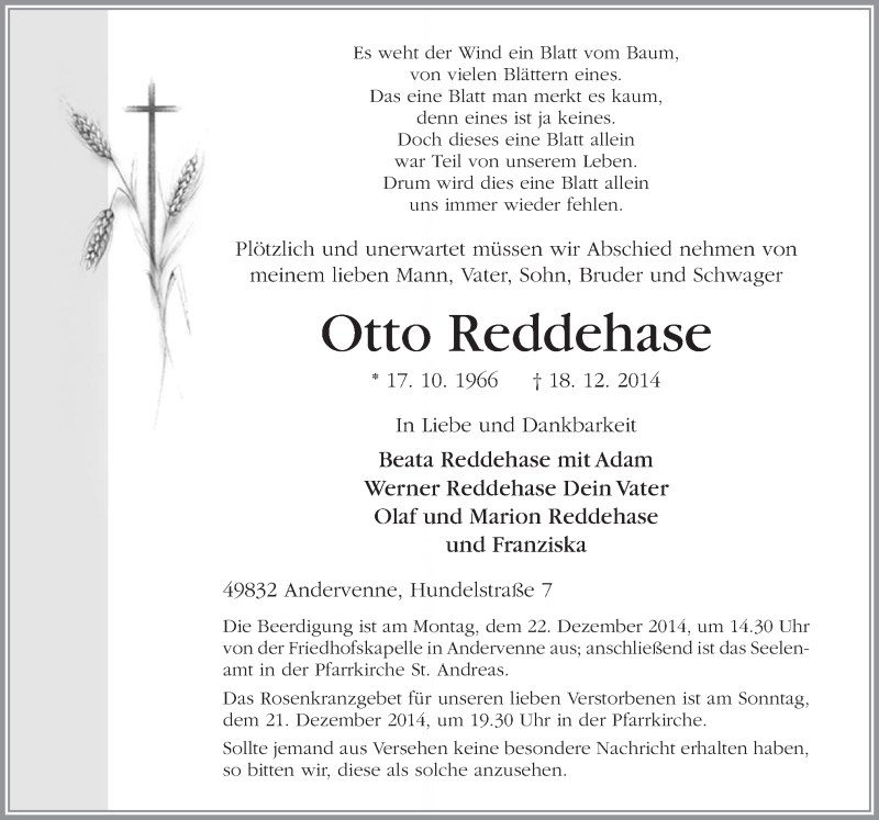  Traueranzeige für Otto Reddehase vom 20.12.2014 aus Neue Osnabrücker Zeitung GmbH & Co. KG