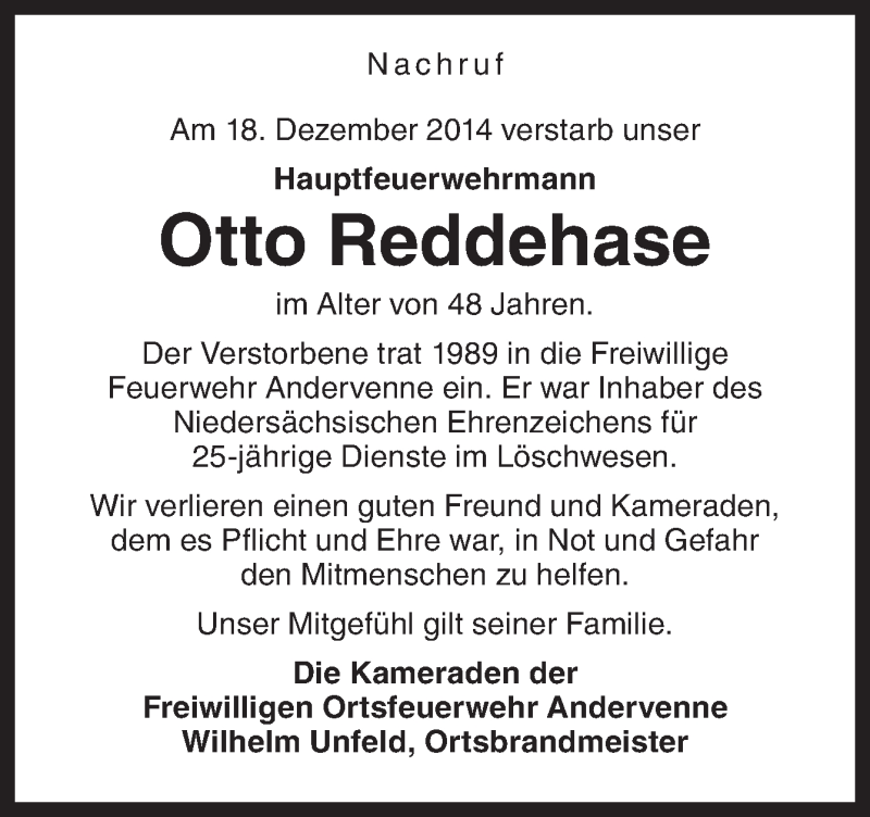  Traueranzeige für Otto Reddehase vom 22.12.2014 aus Neue Osnabrücker Zeitung GmbH & Co. KG