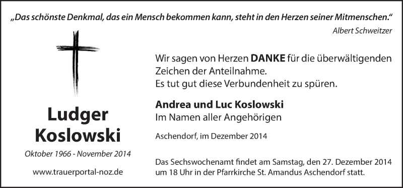  Traueranzeige für Ludger Koslowski vom 23.12.2014 aus Neue Osnabrücker Zeitung GmbH & Co. KG