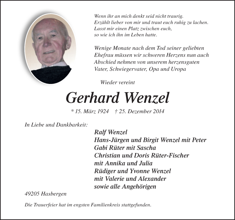  Traueranzeige für Gerhard Wenzel vom 31.12.2014 aus Neue Osnabrücker Zeitung GmbH & Co. KG