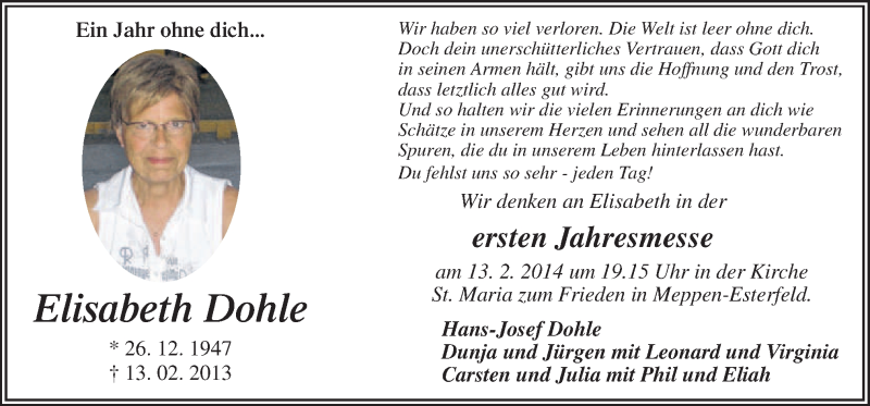  Traueranzeige für Elisabeth Dohle vom 08.02.2014 aus Neue Osnabrücker Zeitung GmbH & Co. KG