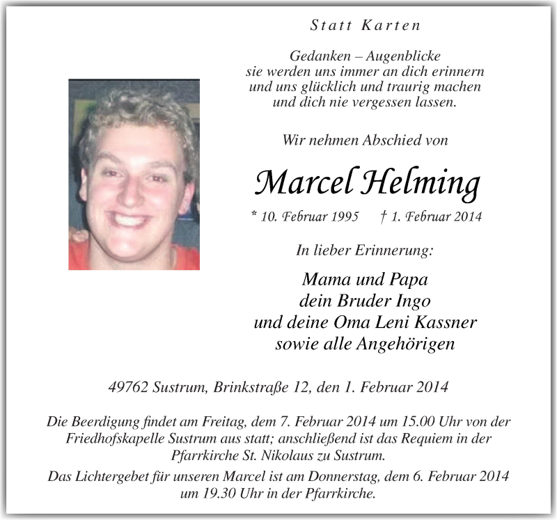  Traueranzeige für Marcel Helming vom 04.02.2014 aus Neue Osnabrücker Zeitung GmbH & Co. KG