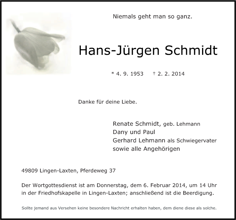  Traueranzeige für Hans-Jürgen Schmidt vom 04.02.2014 aus Neue Osnabrücker Zeitung GmbH & Co. KG