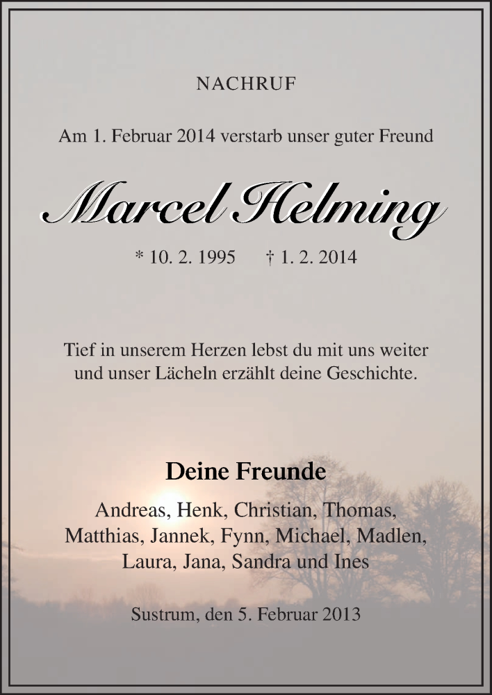  Traueranzeige für Marcel Helming vom 05.02.2014 aus Neue Osnabrücker Zeitung GmbH & Co. KG