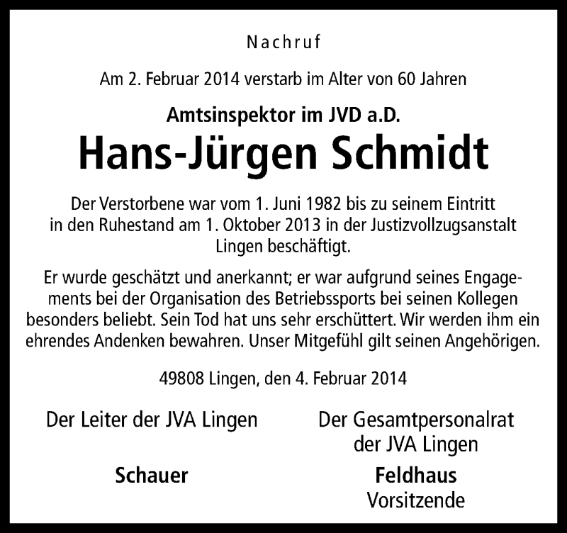  Traueranzeige für Hans-Jürgen Schmidt vom 05.02.2014 aus Neue Osnabrücker Zeitung GmbH & Co. KG