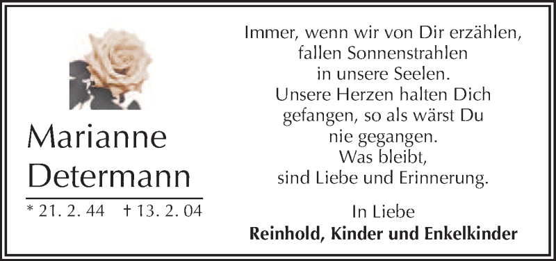  Traueranzeige für Marianne Determann vom 13.02.2014 aus Neue Osnabrücker Zeitung GmbH & Co. KG