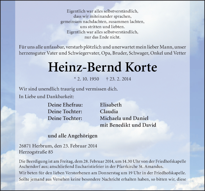  Traueranzeige für Heinz-Bernd Korte vom 26.02.2014 aus Neue Osnabrücker Zeitung GmbH & Co. KG