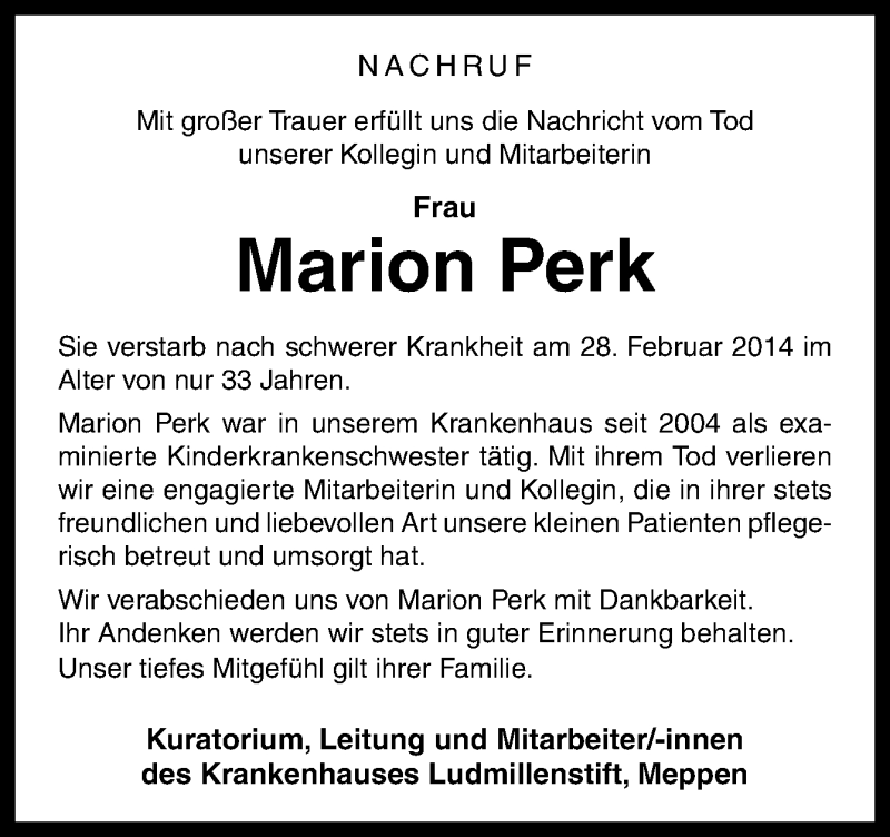  Traueranzeige für Marion Perk vom 06.03.2014 aus Neue Osnabrücker Zeitung GmbH & Co. KG