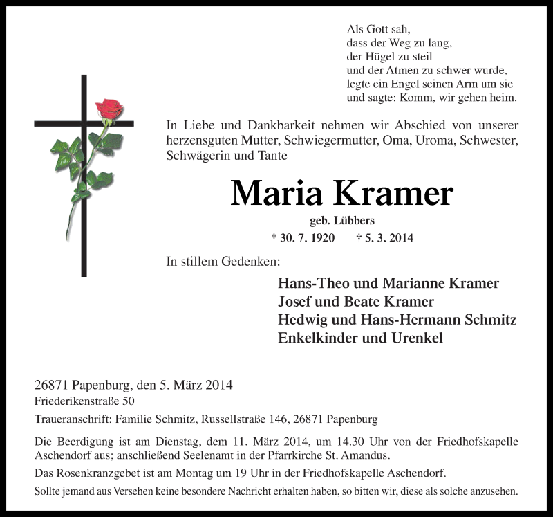  Traueranzeige für Maria Kramer vom 08.03.2014 aus Neue Osnabrücker Zeitung GmbH & Co. KG