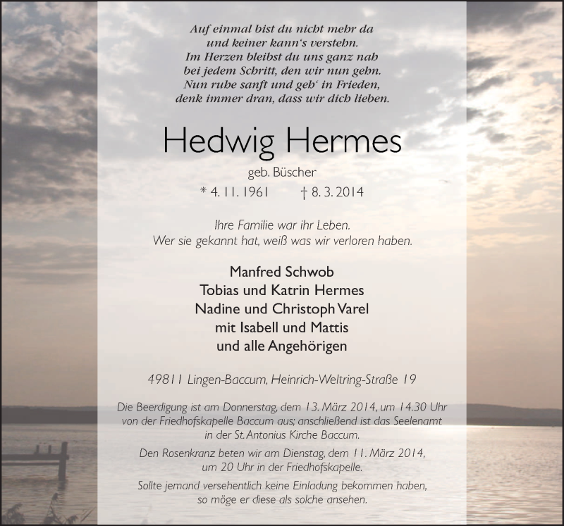  Traueranzeige für Hedwig Hermes vom 11.03.2014 aus Neue Osnabrücker Zeitung GmbH & Co. KG