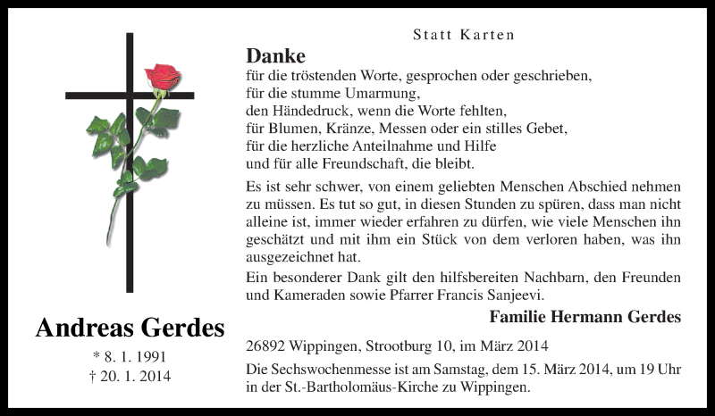  Traueranzeige für Andreas Gerdes vom 13.03.2014 aus Neue Osnabrücker Zeitung GmbH & Co. KG