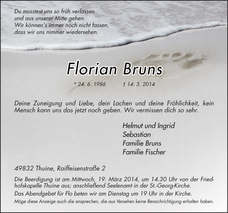  Traueranzeige für Florian Bruns vom 17.03.2014 aus Neue Osnabrücker Zeitung GmbH & Co. KG