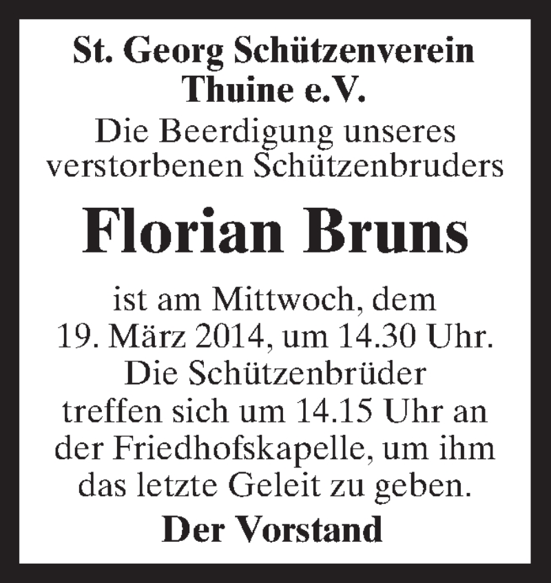  Traueranzeige für Florian Bruns vom 18.03.2014 aus Neue Osnabrücker Zeitung GmbH & Co. KG