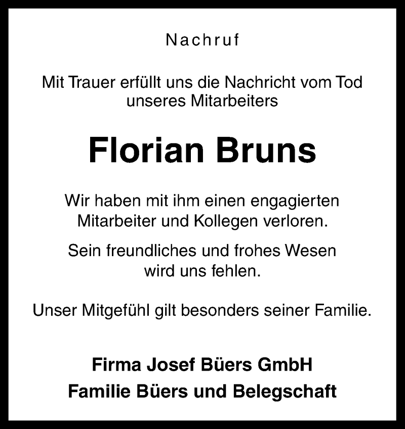  Traueranzeige für Florian Bruns vom 19.03.2014 aus Neue Osnabrücker Zeitung GmbH & Co. KG