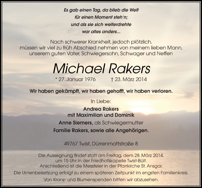  Traueranzeige für Michael Rakers vom 25.03.2014 aus Neue Osnabrücker Zeitung GmbH & Co. KG