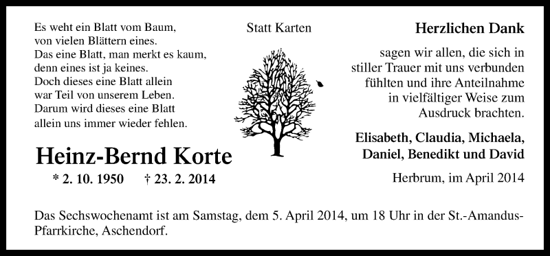  Traueranzeige für Heinz-Bernd Korte vom 01.04.2014 aus Neue Osnabrücker Zeitung GmbH & Co. KG