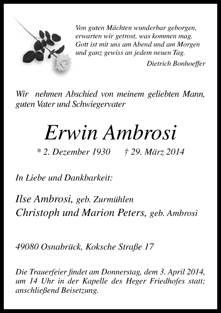  Traueranzeige für Erwin Ambrosi vom 01.04.2014 aus Neue Osnabrücker Zeitung GmbH & Co. KG