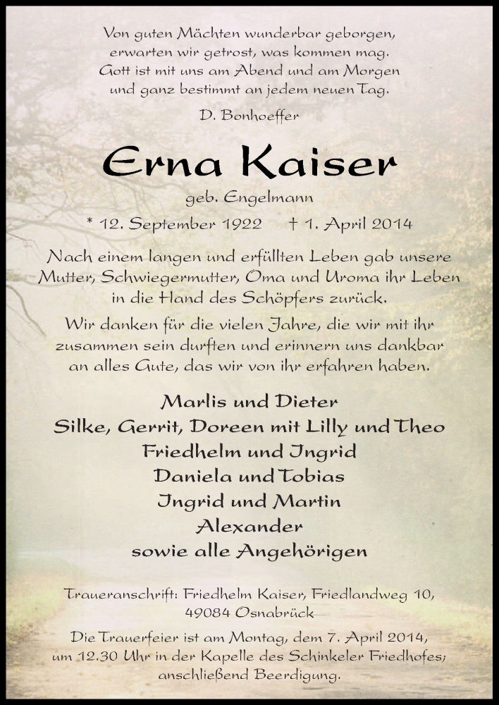  Traueranzeige für Erna Kaiser vom 05.04.2014 aus Neue Osnabrücker Zeitung GmbH & Co. KG