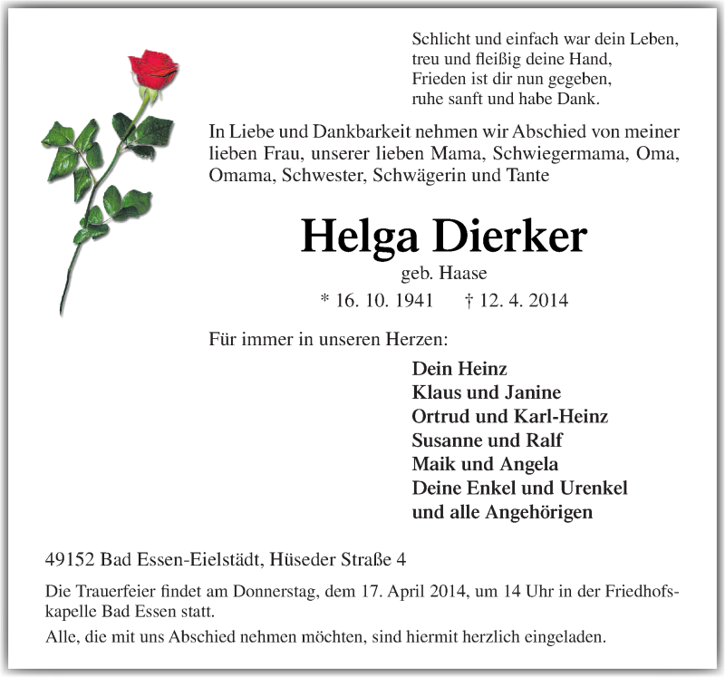  Traueranzeige für Helga Dierker vom 14.04.2014 aus Neue Osnabrücker Zeitung GmbH & Co. KG