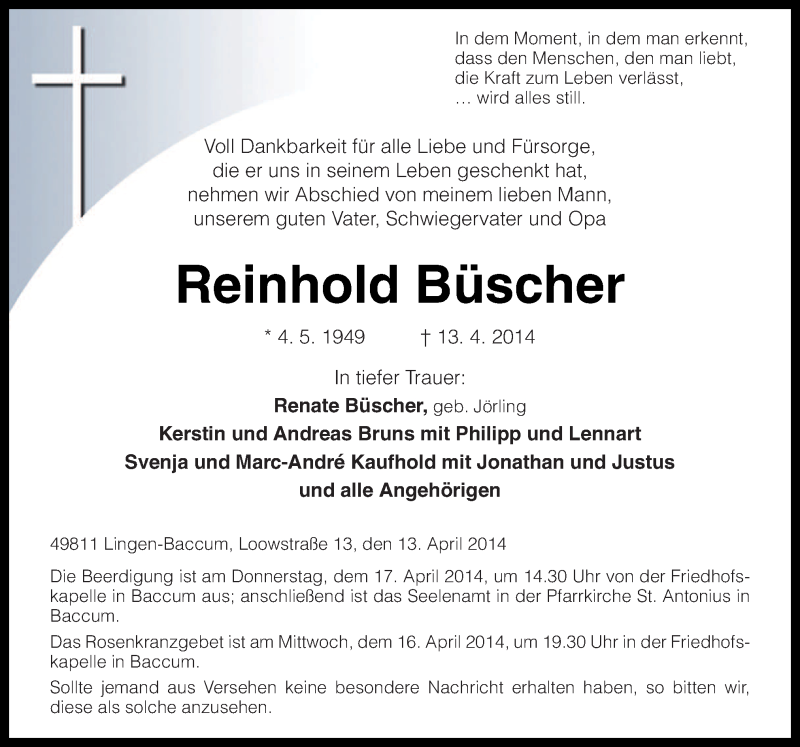  Traueranzeige für Reinhold Büscher vom 15.04.2014 aus Neue Osnabrücker Zeitung GmbH & Co. KG