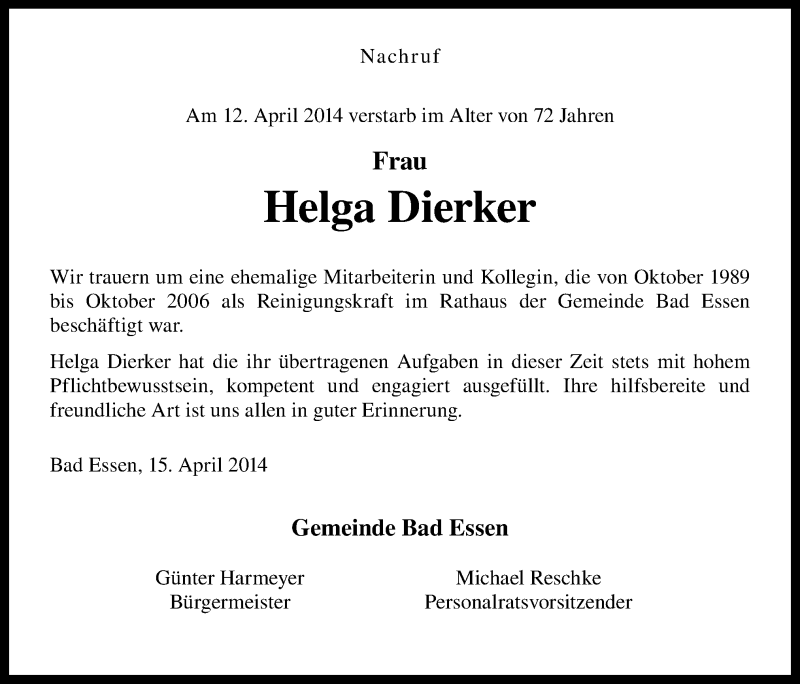  Traueranzeige für Helga Dierker vom 15.04.2014 aus Neue Osnabrücker Zeitung GmbH & Co. KG