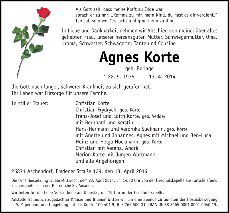  Traueranzeige für Agnes Korte vom 17.04.2014 aus Neue Osnabrücker Zeitung GmbH & Co. KG