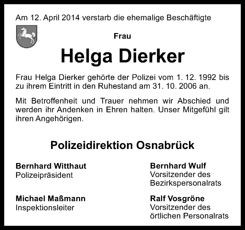  Traueranzeige für Helga Dierker vom 17.04.2014 aus Neue Osnabrücker Zeitung GmbH & Co. KG