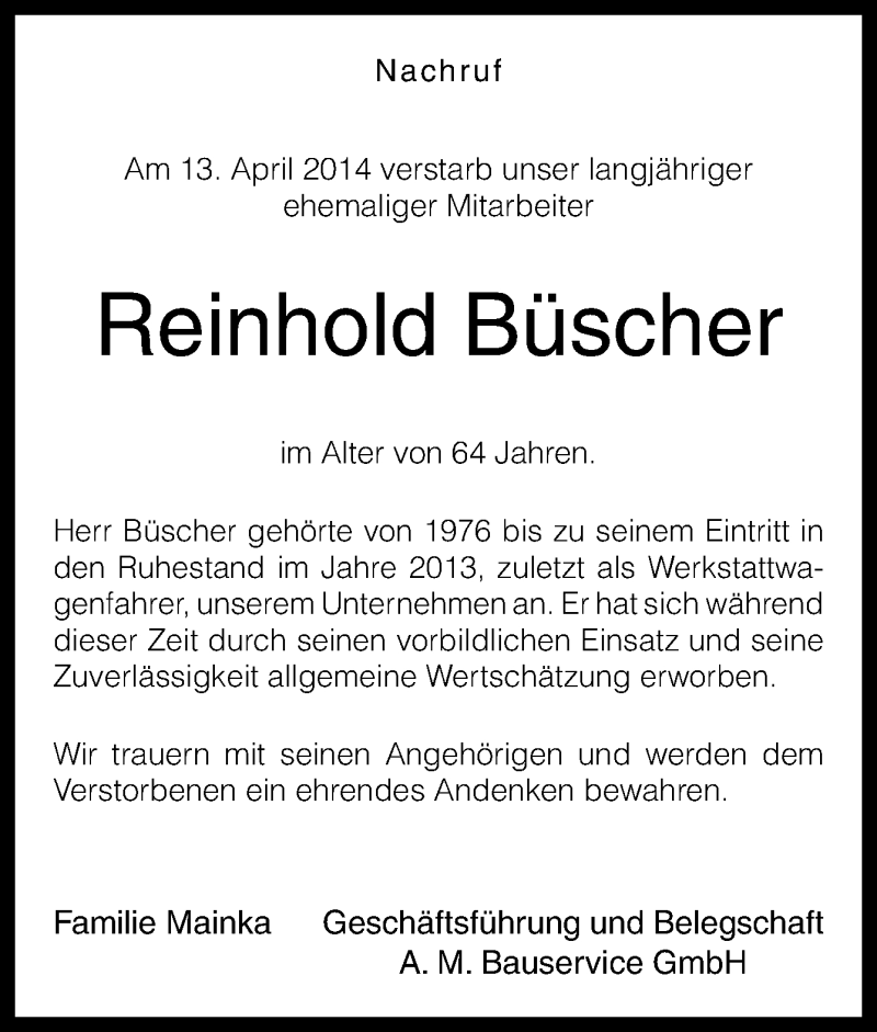  Traueranzeige für Reinhold Büscher vom 17.04.2014 aus Neue Osnabrücker Zeitung GmbH & Co. KG