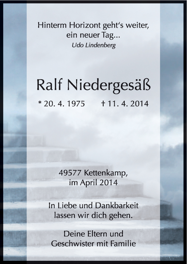  Traueranzeige für Ralf Niedergesäß vom 19.04.2014 aus Neue Osnabrücker Zeitung GmbH & Co. KG