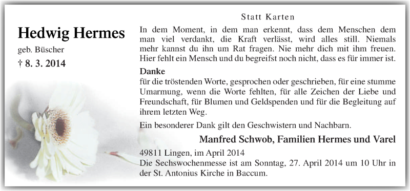  Traueranzeige für Hedwig Hermes vom 23.04.2014 aus Neue Osnabrücker Zeitung GmbH & Co. KG