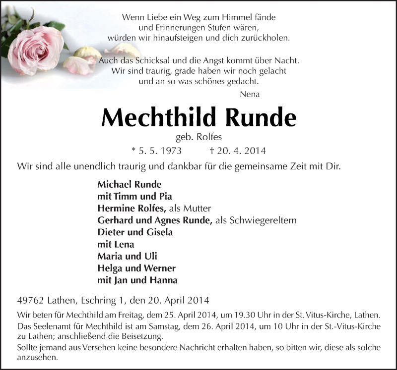  Traueranzeige für Mechthild Runde vom 23.04.2014 aus Neue Osnabrücker Zeitung GmbH & Co. KG