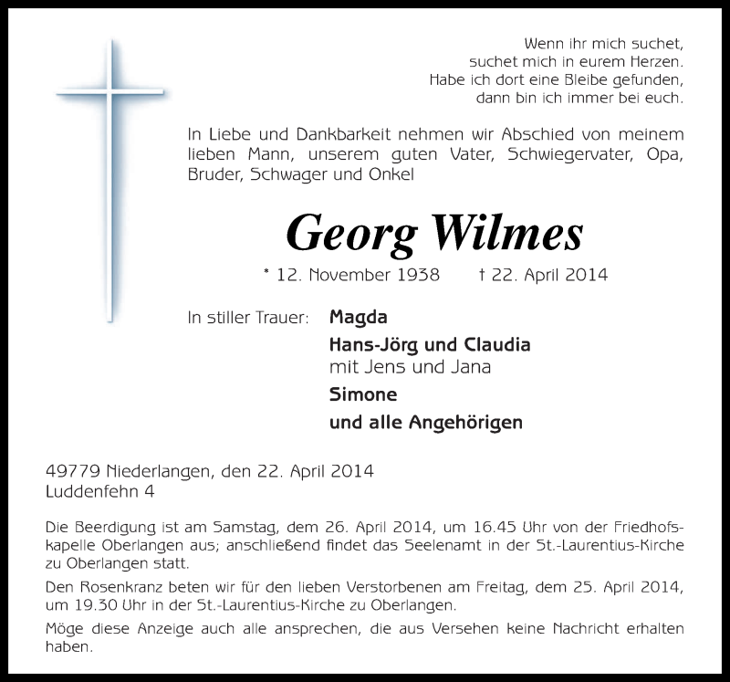  Traueranzeige für Georg Wilmes vom 23.04.2014 aus Neue Osnabrücker Zeitung GmbH & Co. KG