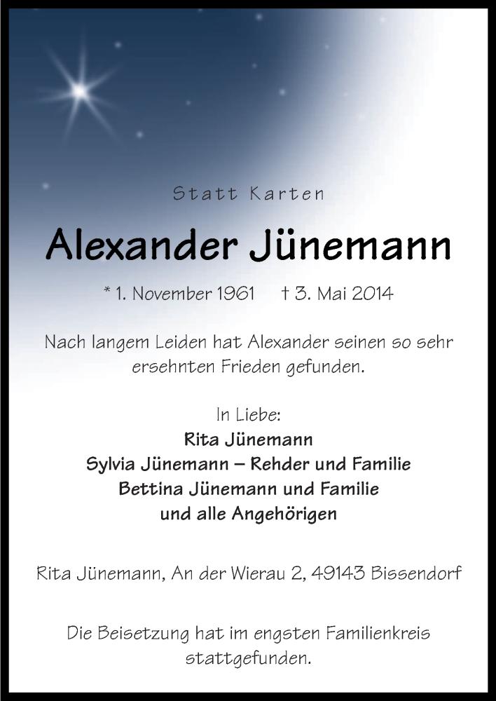  Traueranzeige für Alexander Jünemann vom 10.05.2014 aus Neue Osnabrücker Zeitung GmbH & Co. KG