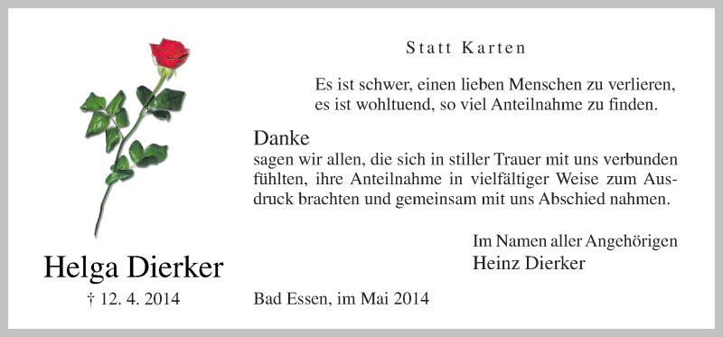  Traueranzeige für Helga Dierker vom 10.05.2014 aus Neue Osnabrücker Zeitung GmbH & Co. KG